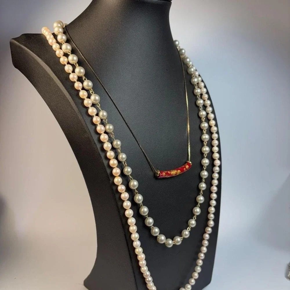 Glam Necklace Lot Vintage Enamel‎ Pearl Gold Tone Metal